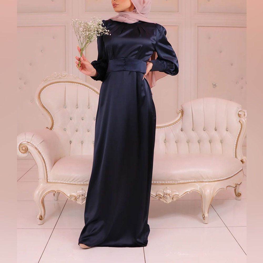 Midnight blue/ Navy Blue Satin Modest Dress/Abaya